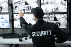 Vigilante che controlla le registrazioni delle videocamere