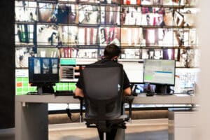 Un addetto alla vigilanza bancaria nella sala schermi Un addetto alla vigilanza bancaria nella sala schermi